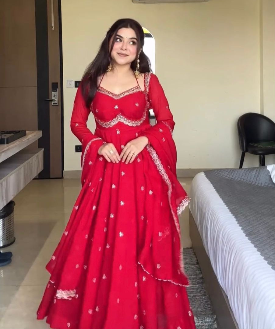 Red Faux Georgette Thread with Sequins 3pc Kurta Set