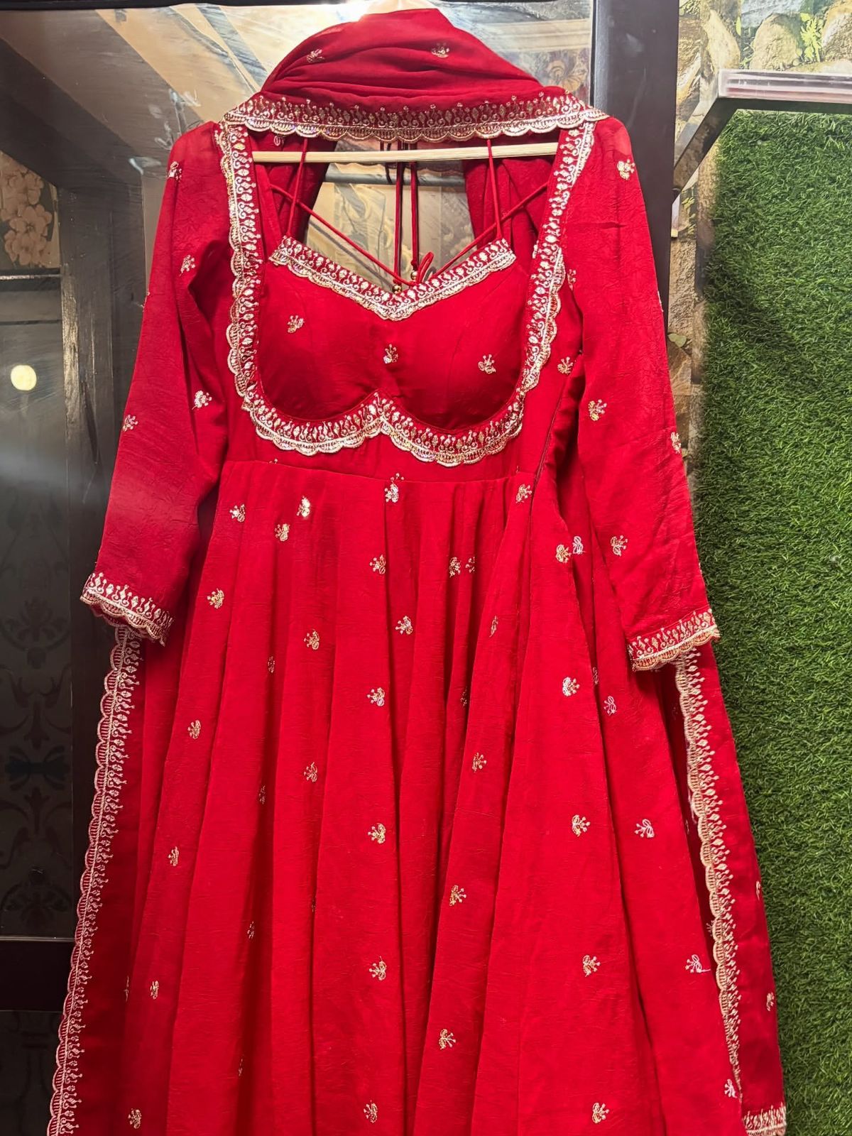 Red Faux Georgette Thread with Sequins 3pc Kurta Set