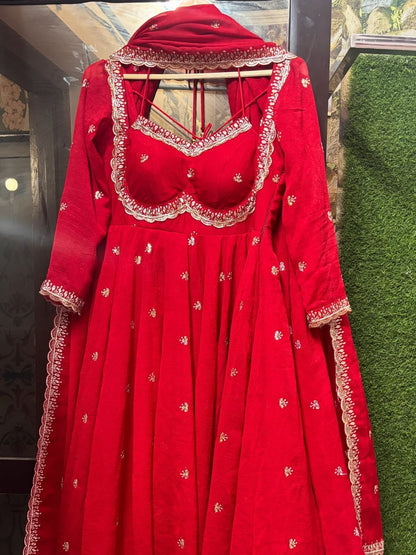 Red Faux Georgette Thread with Sequins 3pc Kurta Set