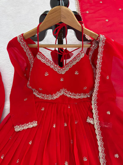Red Faux Georgette Thread with Sequins 3pc Kurta Set