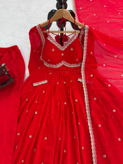 Red Faux Georgette Thread with Sequins 3pc Kurta Set