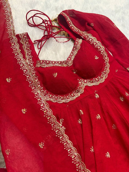 Red Faux Georgette Thread with Sequins 3pc Kurta Set