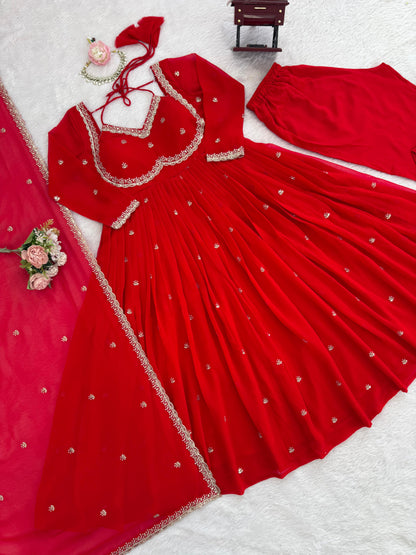 Red Faux Georgette Thread with Sequins 3pc Kurta Set