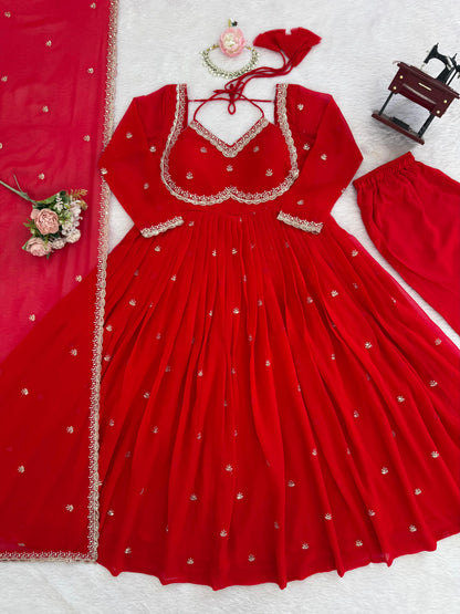 Red Faux Georgette Thread with Sequins 3pc Kurta Set