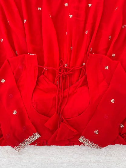 Red Faux Georgette Thread with Sequins 3pc Kurta Set