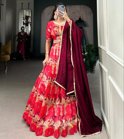 Red Tussar Silk Printed Lace Touch Up Lehenga