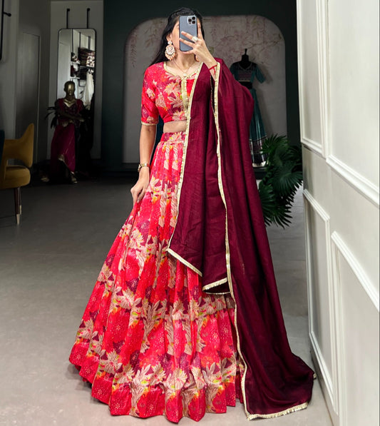Red Tussar Silk Printed Lace Touch Up Lehenga