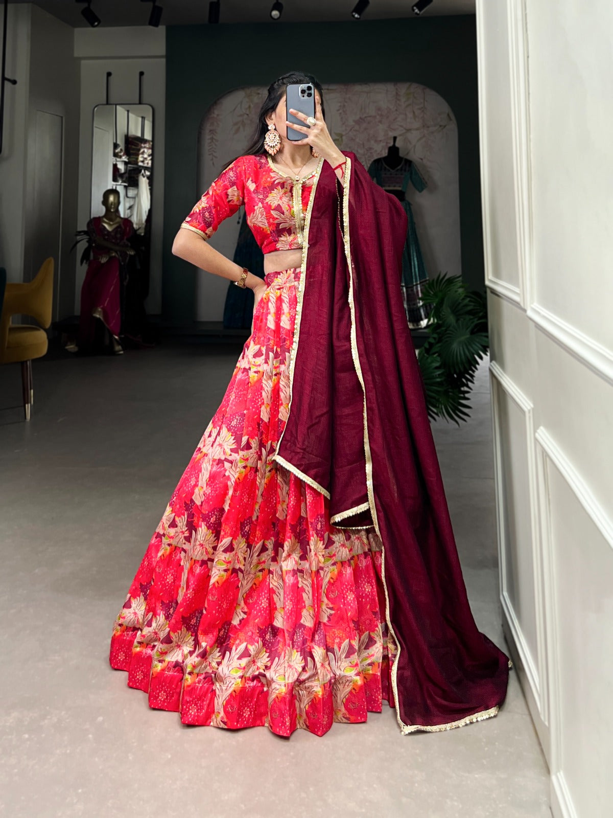 Red Tussar Silk Printed Lace Touch Up Lehenga