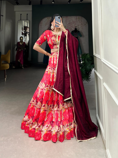 Red Tussar Silk Printed Lace Touch Up Lehenga