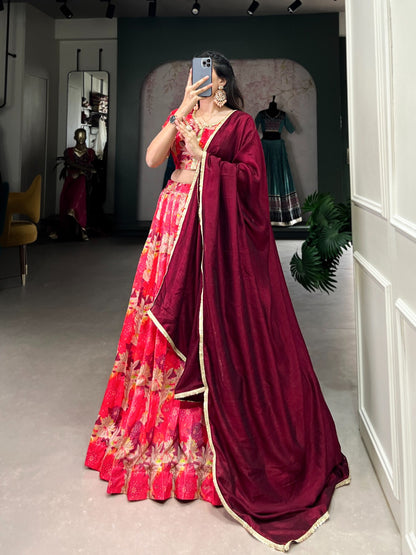 Red Tussar Silk Printed Lace Touch Up Lehenga