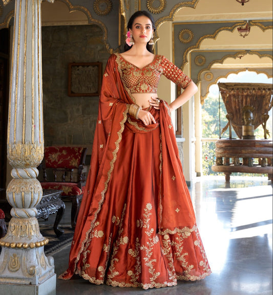 Orange Rangoli Silk Sequins &Thread Embroidery Work Lehenga Choli