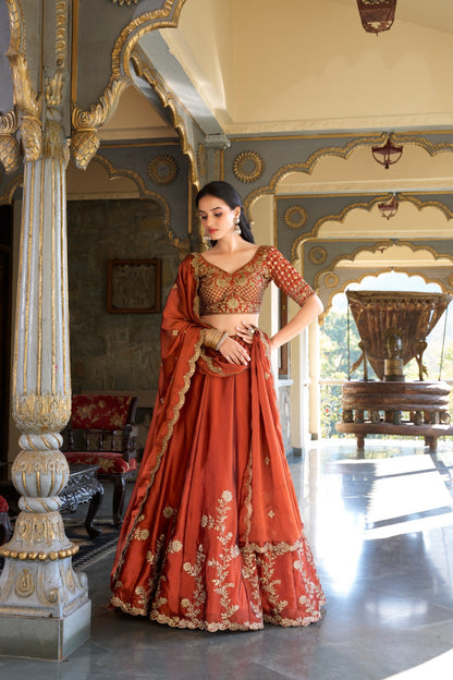 Orange Rangoli Silk Sequins &Thread Embroidery Work Lehenga Choli