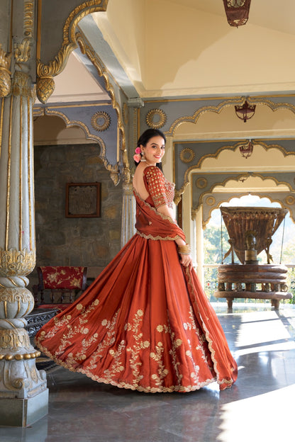 Orange Rangoli Silk Sequins &Thread Embroidery Work Lehenga Choli