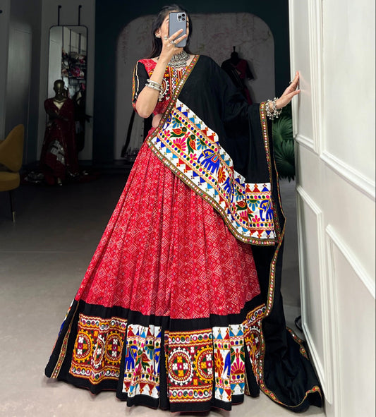 Red Pure Cotton  Printed with Gamthi Work & Mirror Work Lehenga