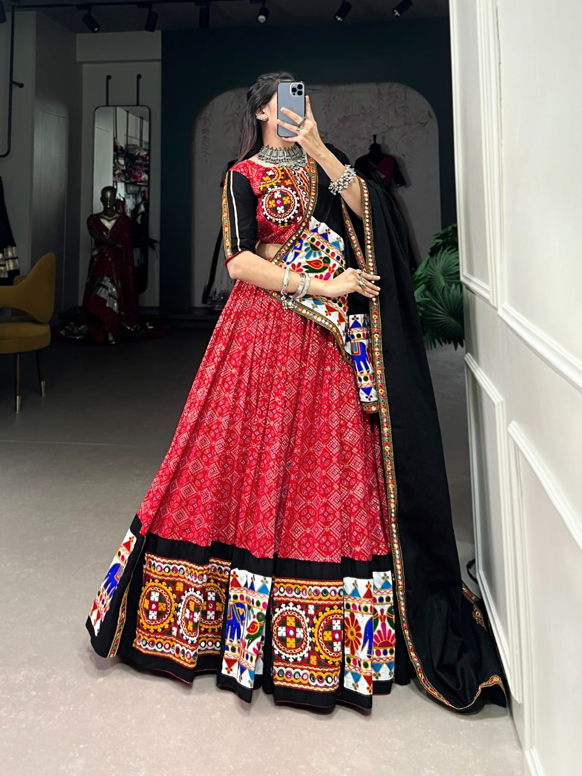 Red Pure Cotton  Printed with Gamthi Work & Mirror Work Lehenga