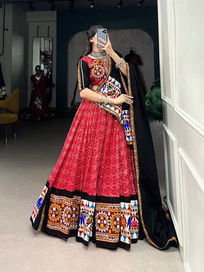 Red Pure Cotton  Printed with Gamthi Work & Mirror Work Lehenga