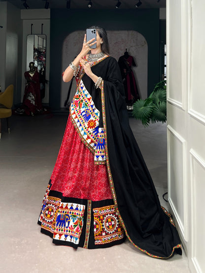 Red Pure Cotton  Printed with Gamthi Work & Mirror Work Lehenga