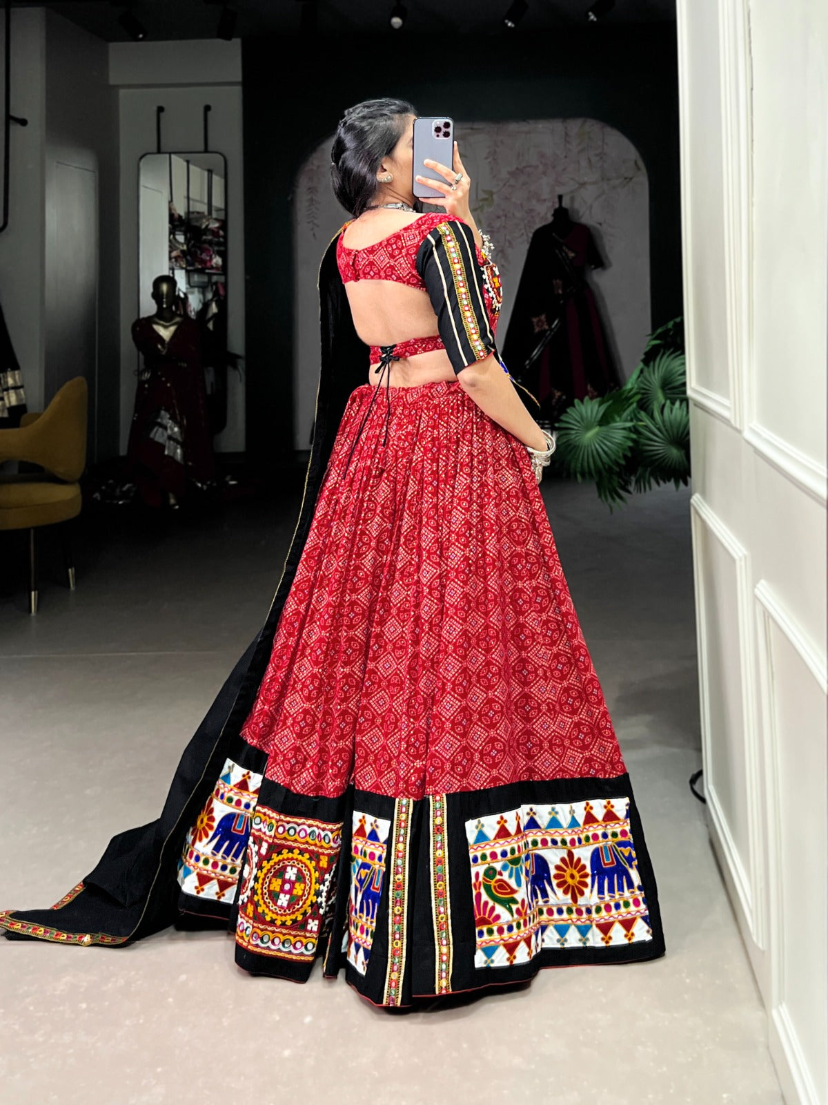 Red Pure Cotton  Printed with Gamthi Work & Mirror Work Lehenga
