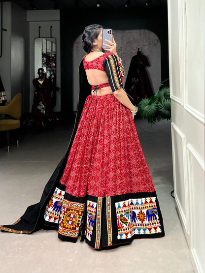 Red Pure Cotton  Printed with Gamthi Work & Mirror Work Lehenga
