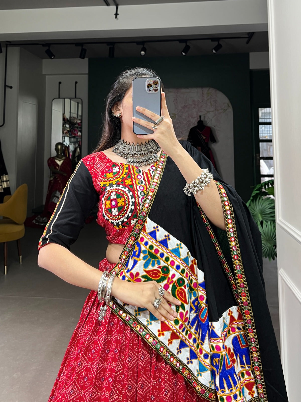 Red Pure Cotton  Printed with Gamthi Work & Mirror Work Lehenga