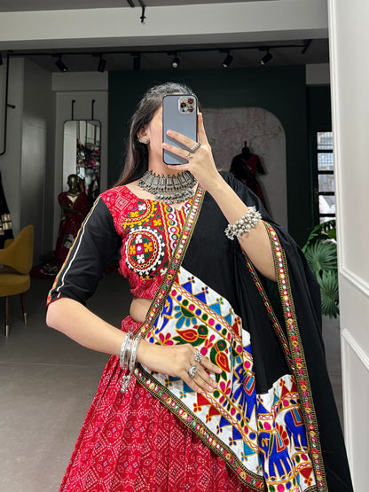 Red Pure Cotton  Printed with Gamthi Work & Mirror Work Lehenga