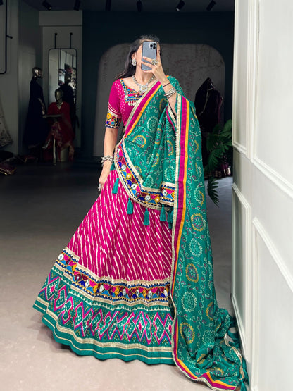 Rani Pink Tasar Silk Bandhej Print Lehenga