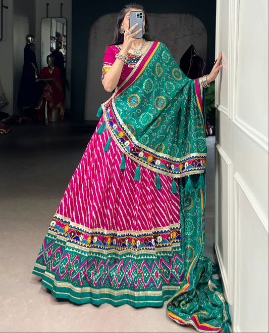 Rani Pink Tasar Silk Bandhej Print Lehenga