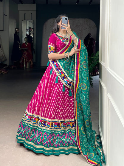 Rani Pink Tasar Silk Bandhej Print Lehenga