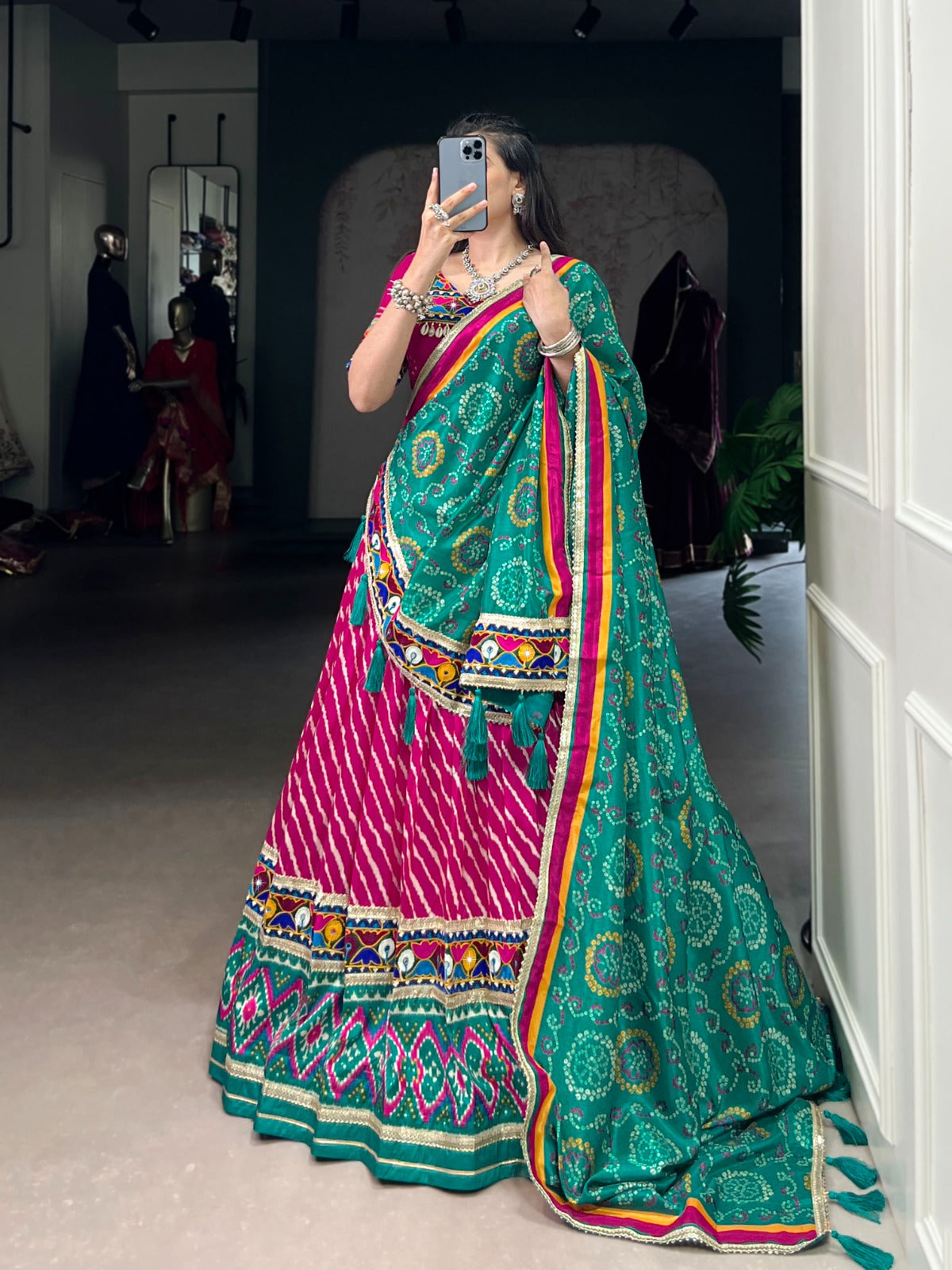 Rani Pink Tasar Silk Bandhej Print Lehenga