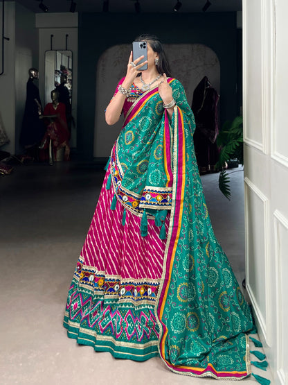 Rani Pink Tasar Silk Bandhej Print Lehenga