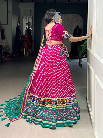 Rani Pink Tasar Silk Bandhej Print Lehenga