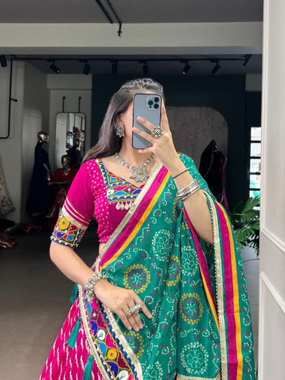Rani Pink Tasar Silk Bandhej Print Lehenga