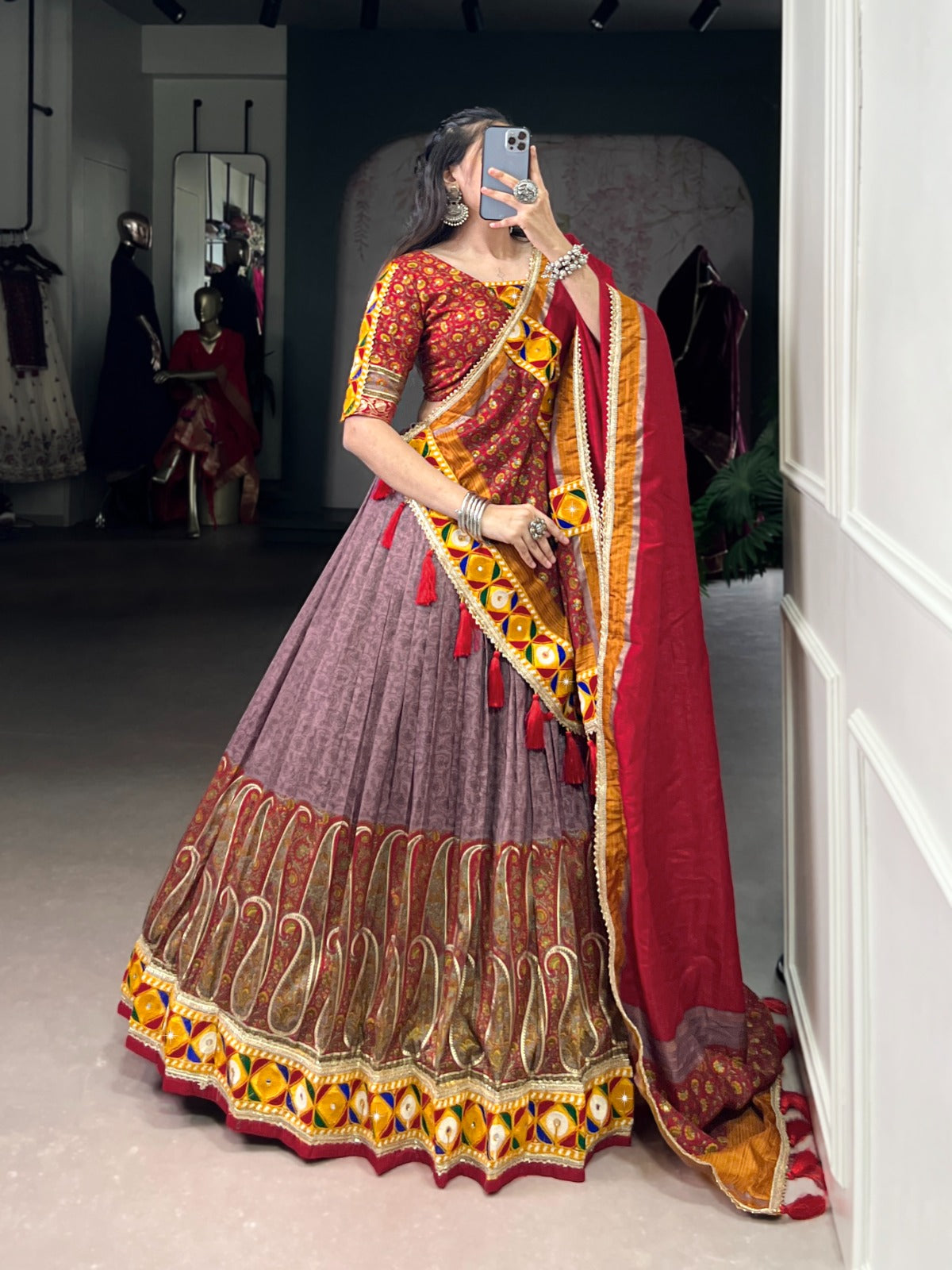 Onion Tasar Silk With Kashmiri Foil Print Lehenga