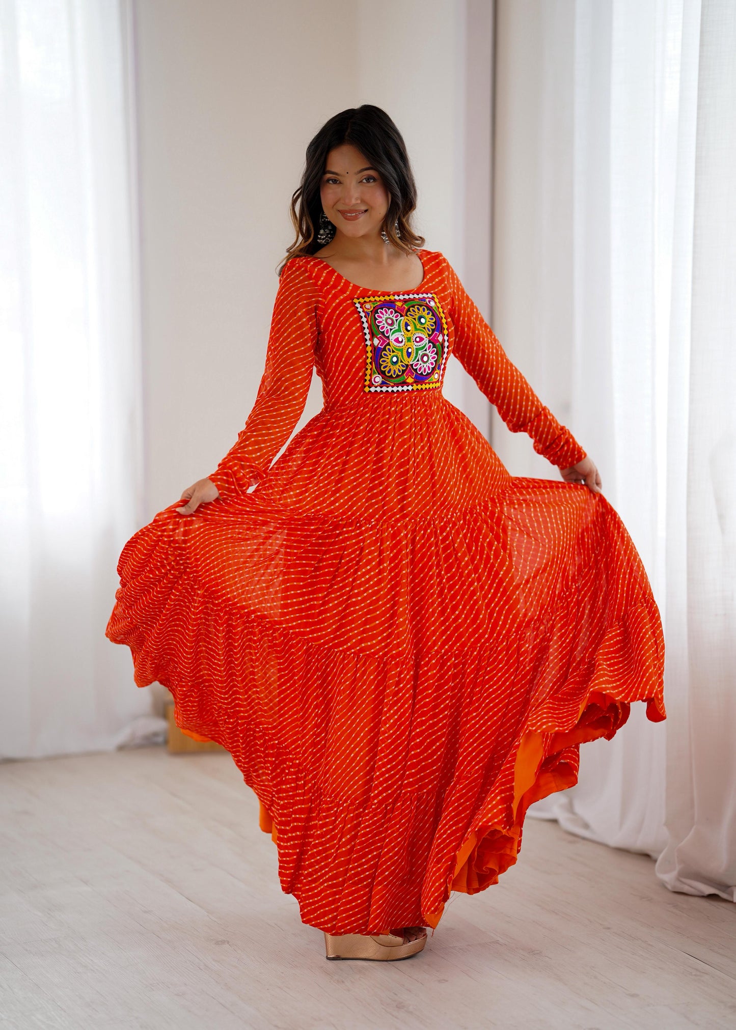 Orange Heavy Pure Soft Fox Georgette with Laheriya Printed Gown