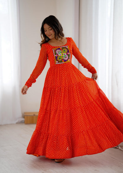 Orange Heavy Pure Soft Fox Georgette with Laheriya Printed Gown