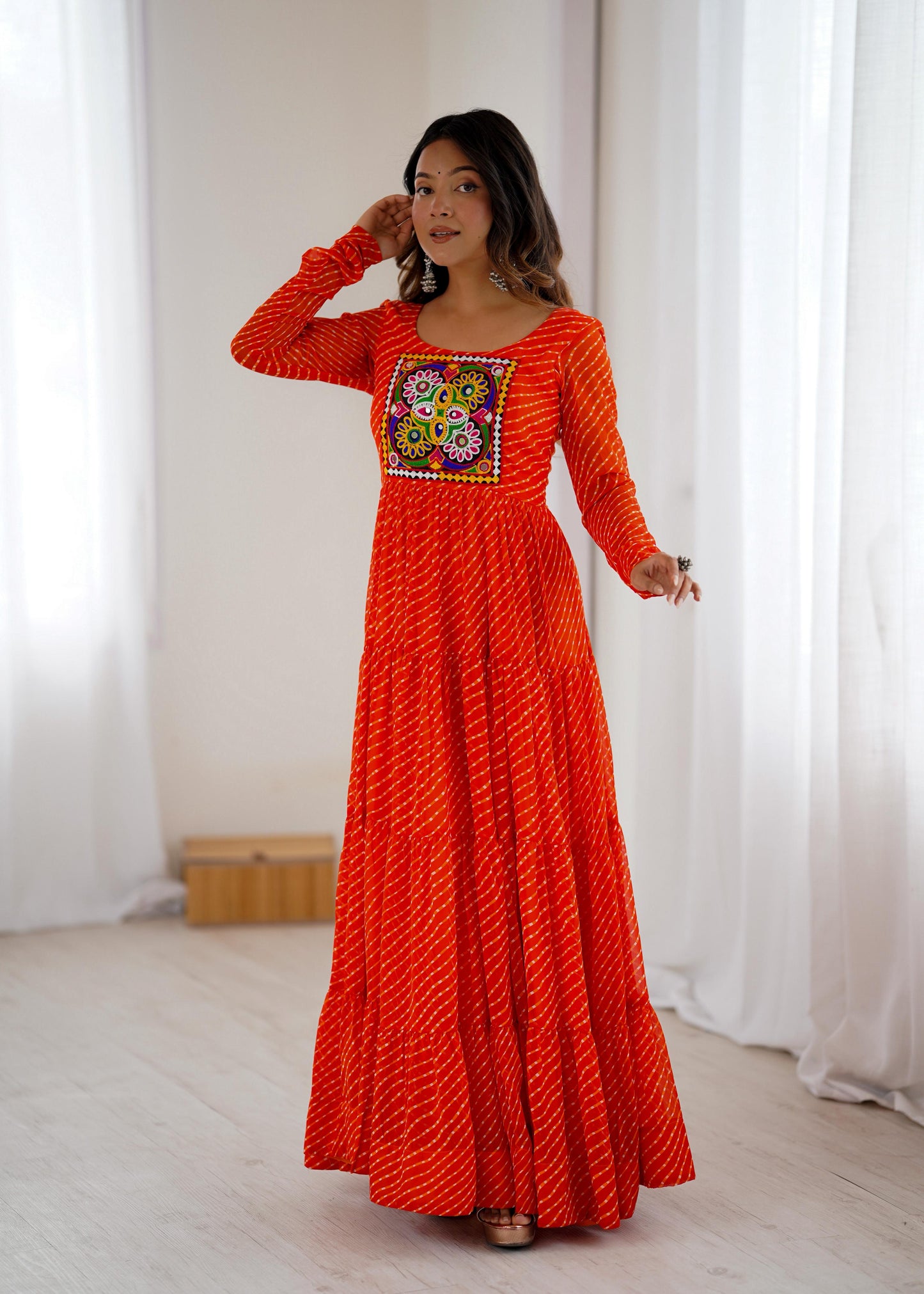 Orange Heavy Pure Soft Fox Georgette with Laheriya Printed Gown