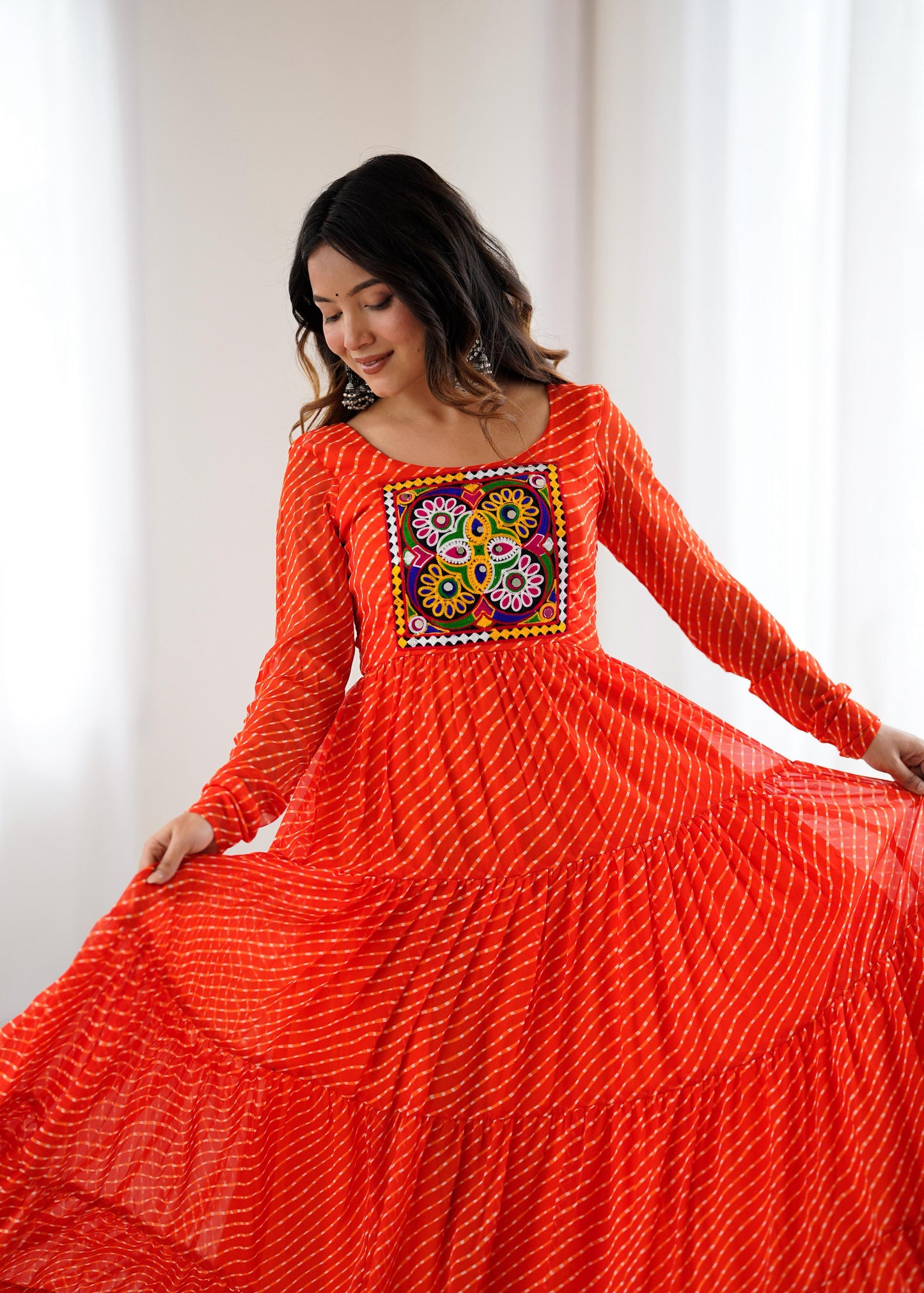Orange Heavy Pure Soft Fox Georgette with Laheriya Printed Gown