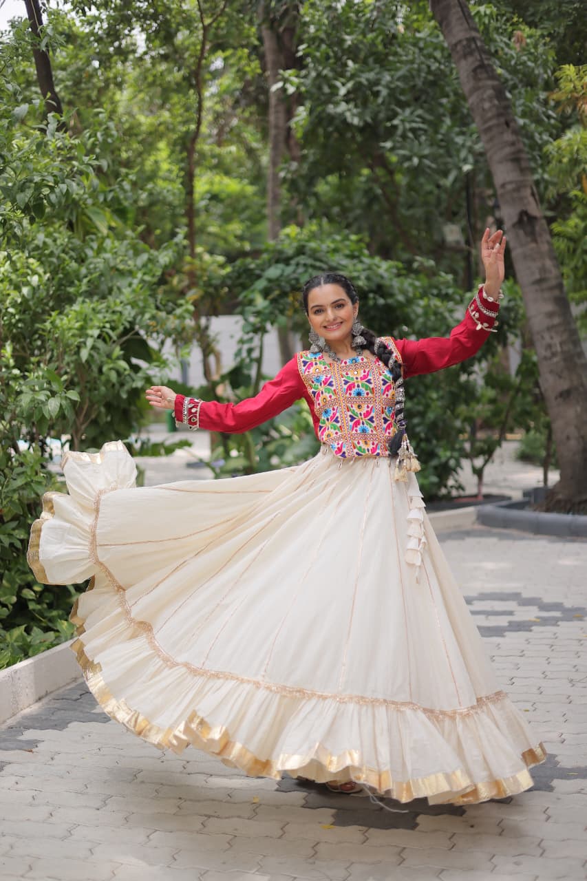 Red & White Kora Cotton with Attractive Gota-Patti Lace Lehenga