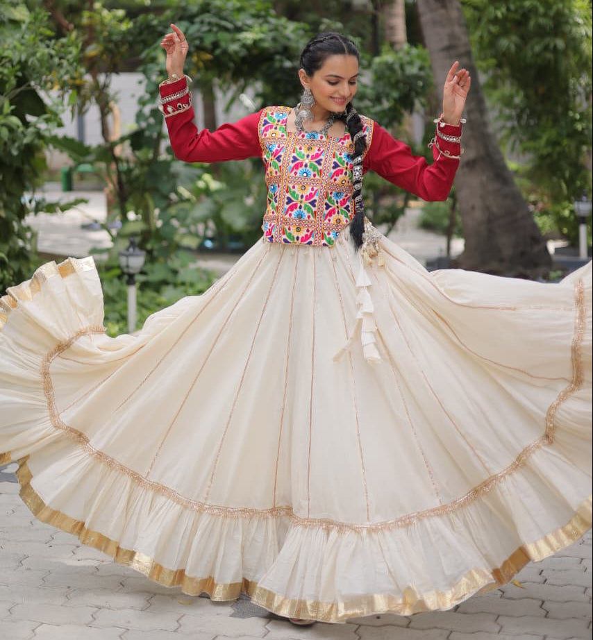Red & White Kora Cotton with Attractive Gota-Patti Lace Lehenga