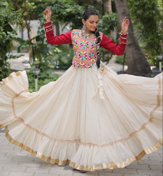 Red & White Kora Cotton with Attractive Gota-Patti Lace Lehenga