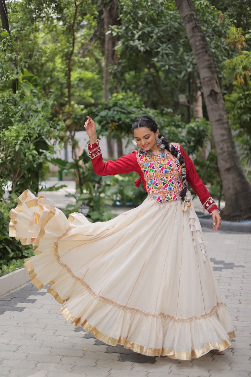 Red & White Kora Cotton with Attractive Gota-Patti Lace Lehenga