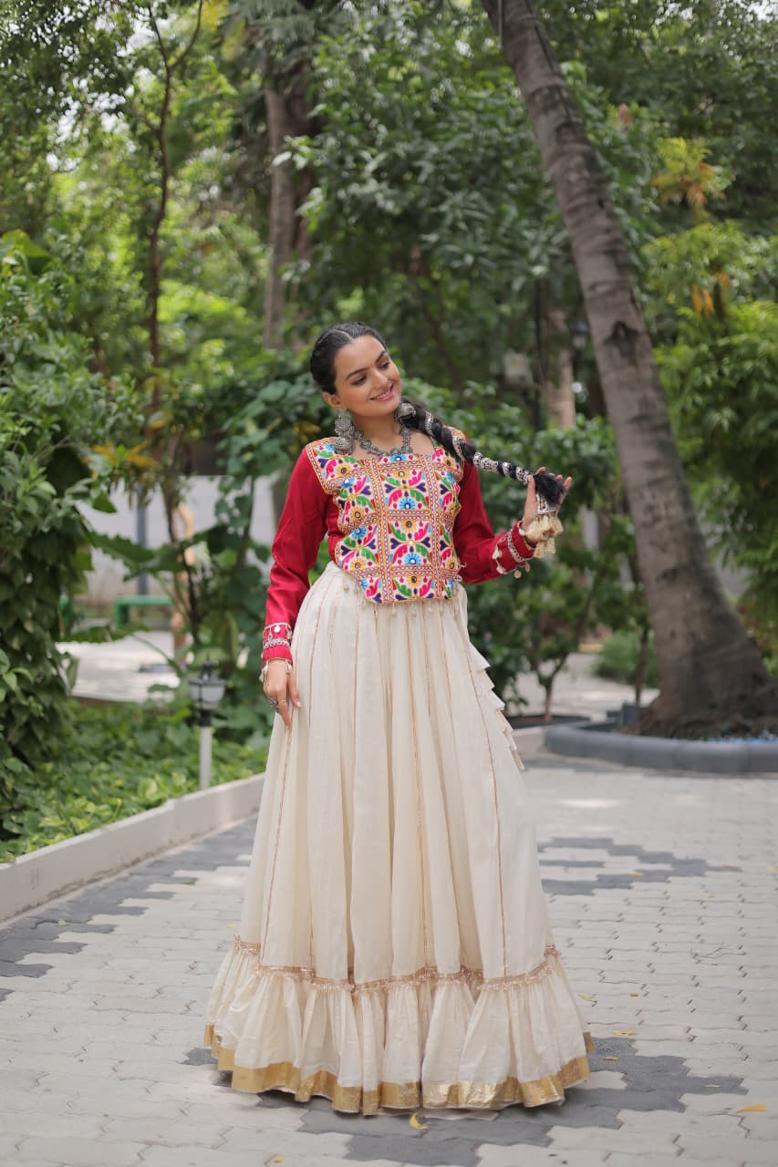 Red & White Kora Cotton with Attractive Gota-Patti Lace Lehenga