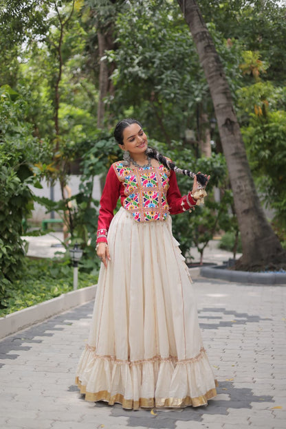 Red & White Kora Cotton with Attractive Gota-Patti Lace Lehenga