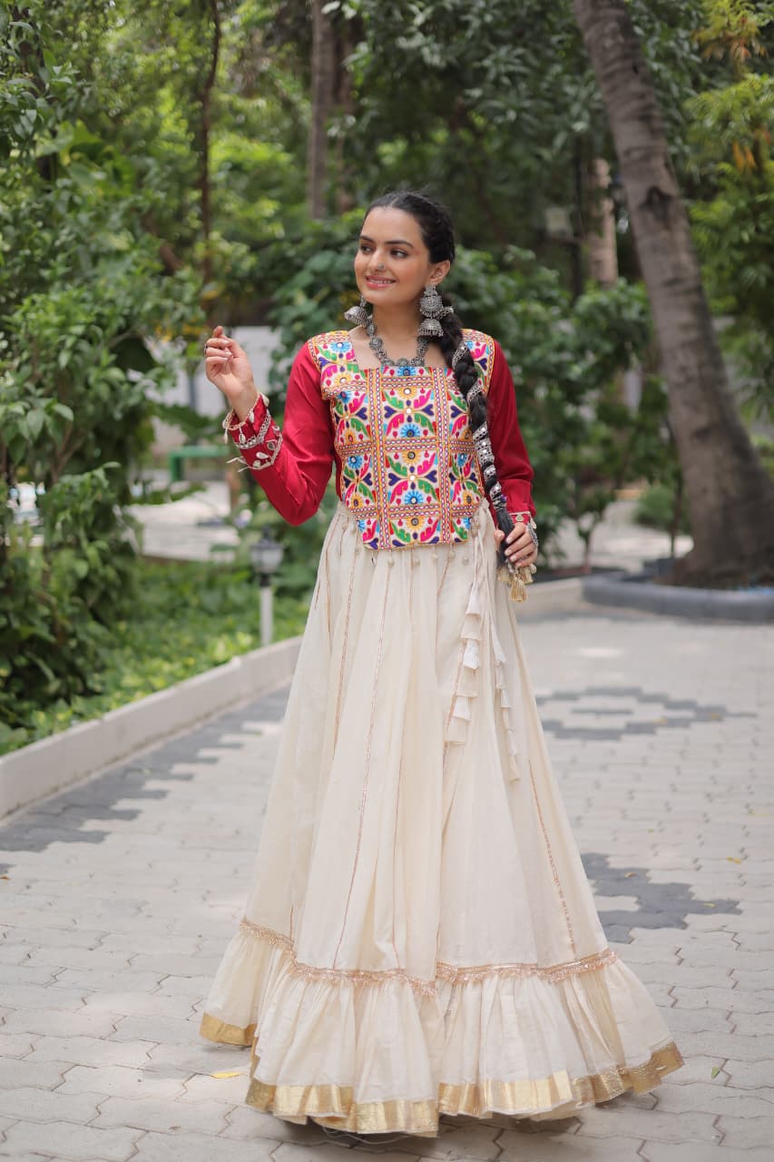Red & White Kora Cotton with Attractive Gota-Patti Lace Lehenga