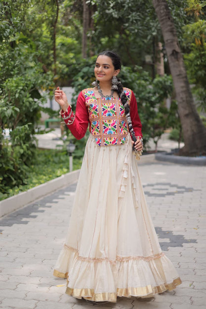 Red & White Kora Cotton with Attractive Gota-Patti Lace Lehenga