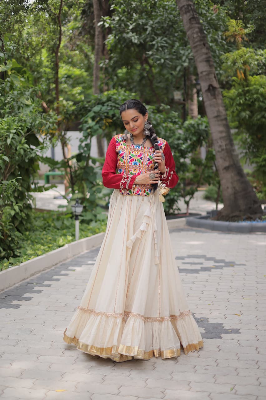 Red & White Kora Cotton with Attractive Gota-Patti Lace Lehenga