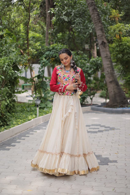 Red & White Kora Cotton with Attractive Gota-Patti Lace Lehenga