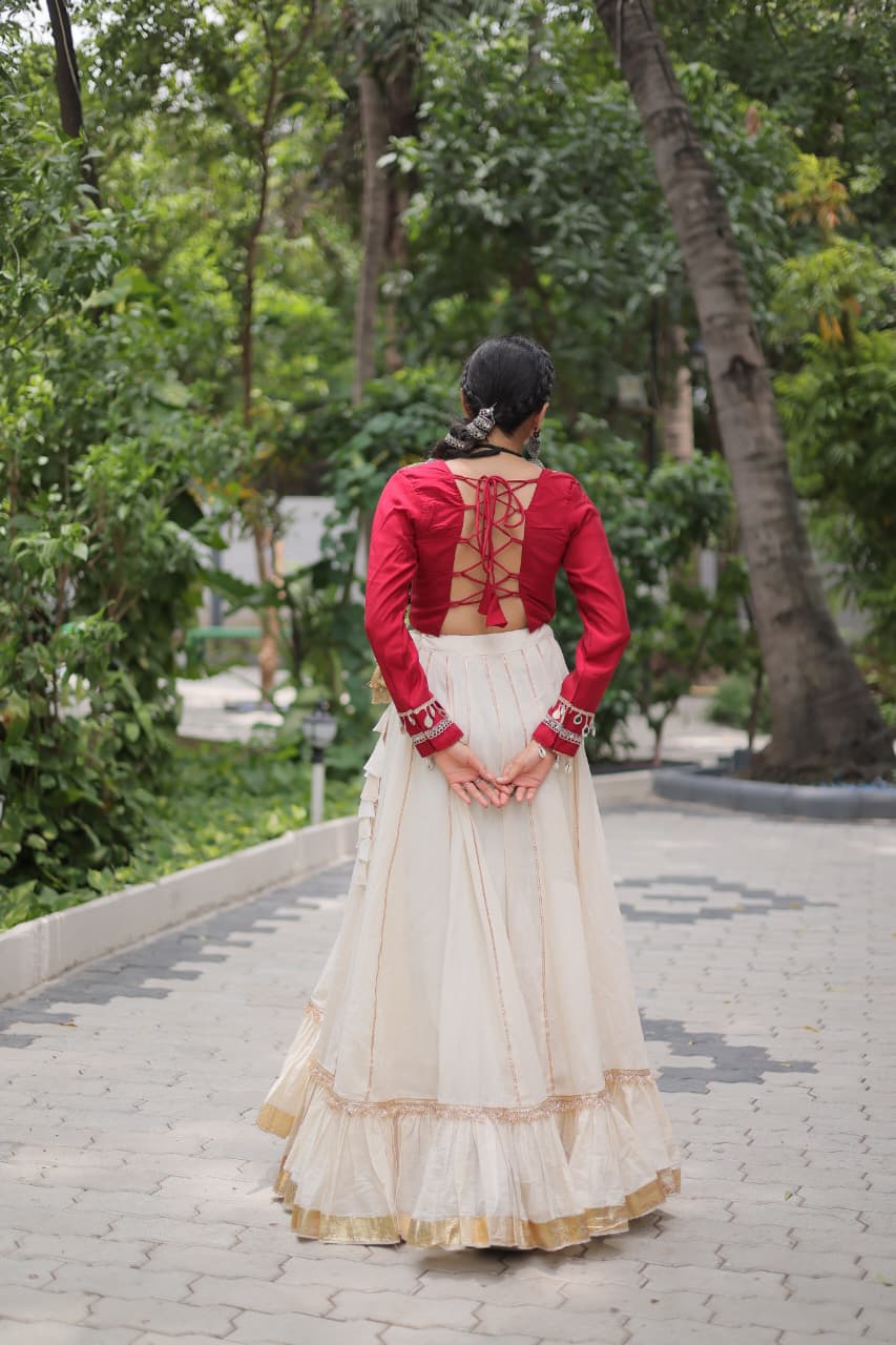 Red & White Kora Cotton with Attractive Gota-Patti Lace Lehenga