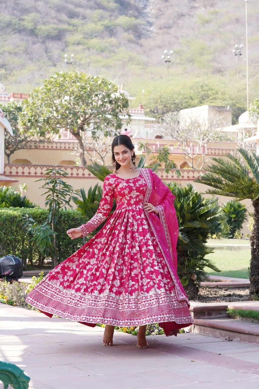 VISCOSE DIABLE JACQUARD ANARKALI GOWN WITH RUSSIAN SILK DUPATTA