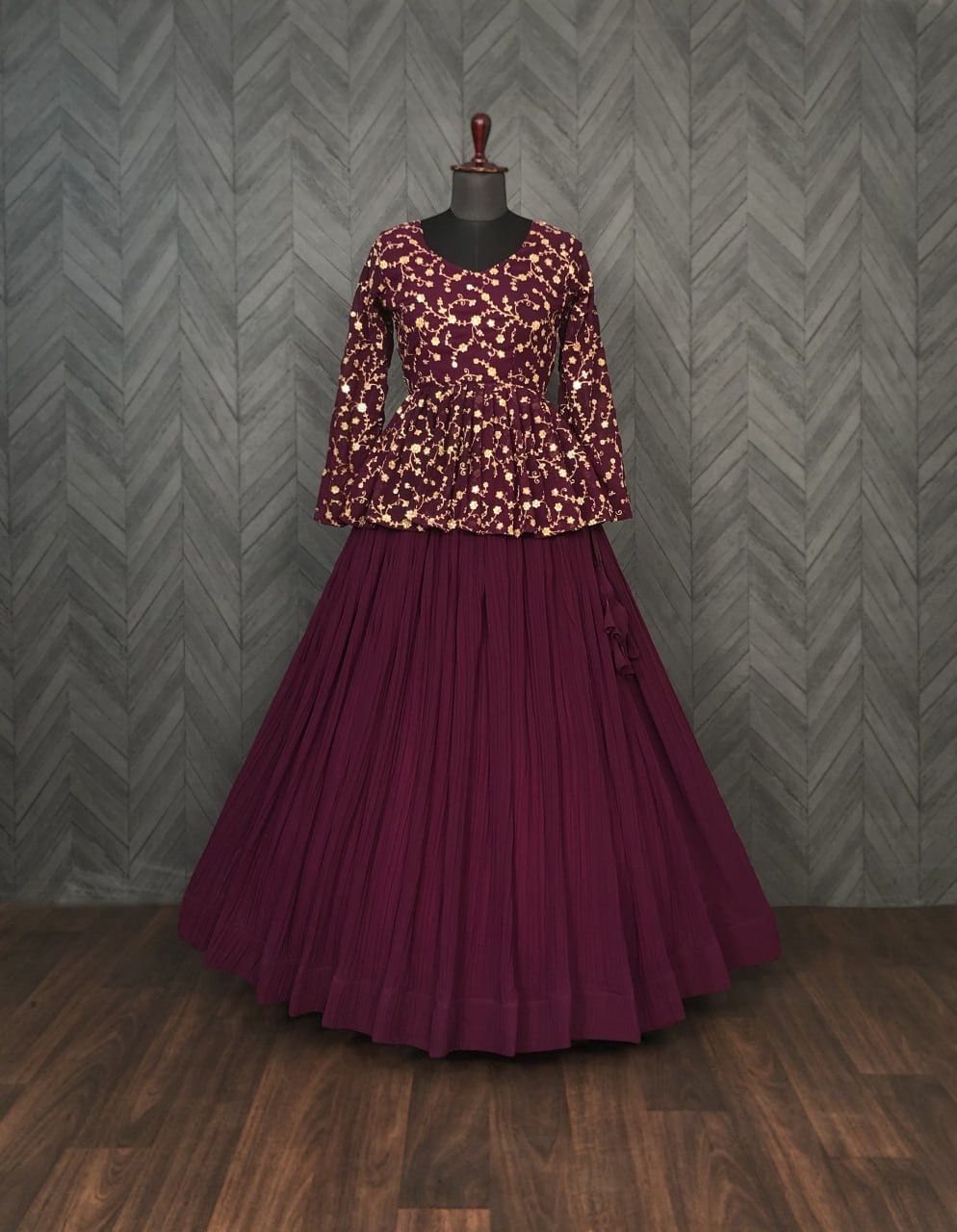 CRUSH PLEATING WINE COLOR WITH HEAVY EMBROIDERED  LEHENGA CHOLI